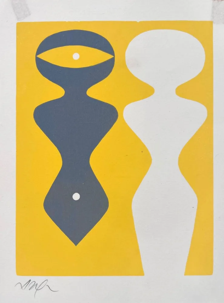 Xilogravura Arp - Deux figures sur fond jaune 
