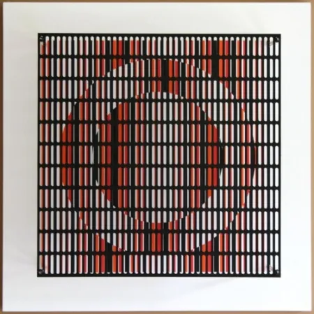 Xilogravura Asis - Vibration cercles noir, orange et rouge