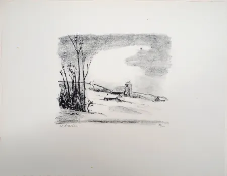 Litografia Asselin - Paysage : campagne parisienne enneigée