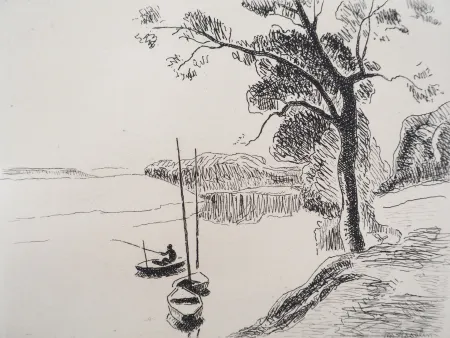 Gravura Asselin - Paysage: la Seine au bois de Boulogne