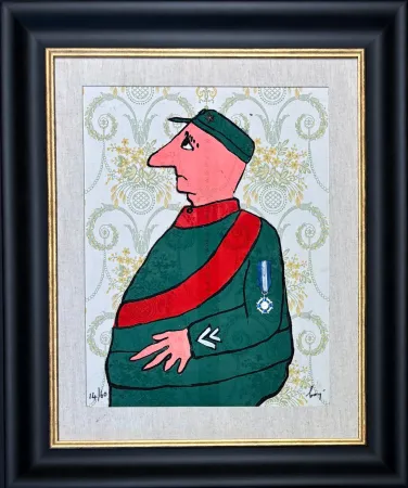 Gravura Baj - Enrico Baj (1924–2003) – Caporal – Color etching and collage on brocade – 1972