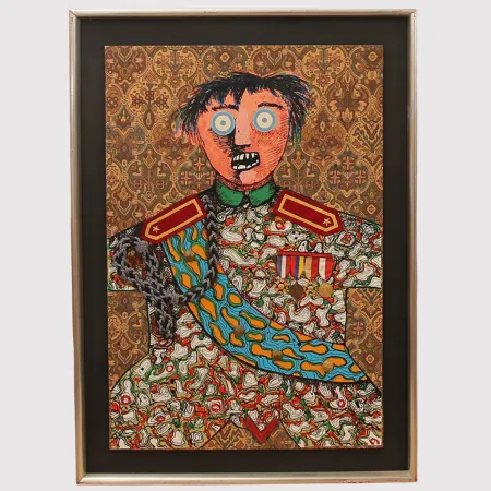 Sem Técnica Baj - Enrico Baj ( 1924 – 2003 ) – Le stratége militaire Sahuguet d'Amarzit d'Espagnac – Mixed media with passamentrie and collage on brocade with originals medals and pins - 1971