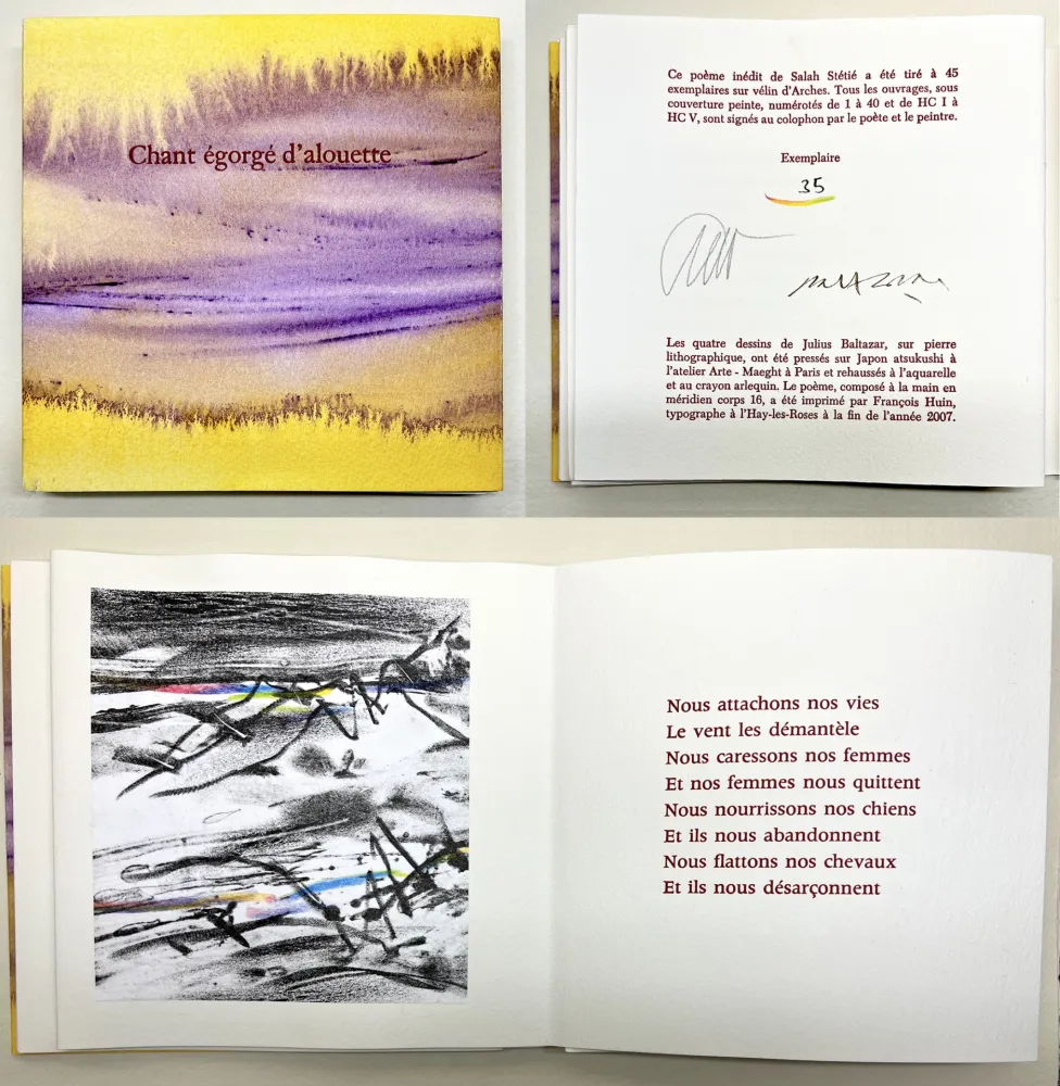 Livro Ilustrado Baltazar - Salah Stétié : CHANT ÉGORGÉ D'ALOUETTE. 4 lithographies rehaussées à l'aquarelle (2007)