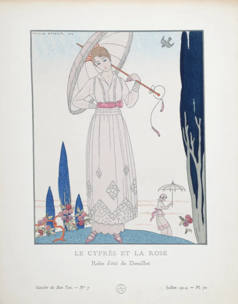 Estêncil Barbier - Le Cyprès et la Rose, Robe d'été de Doeuillet, 1914