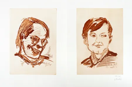 Litografia Baselitz - Georg Baselitz (1938) – Doppelporträt Heiner Friedrich und Franz Dahlem – Heliogravure on bifolio – 1971