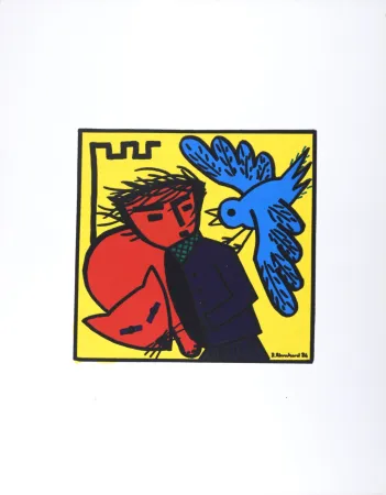 Litografia Blanchard - Oiseau, personnage et chat