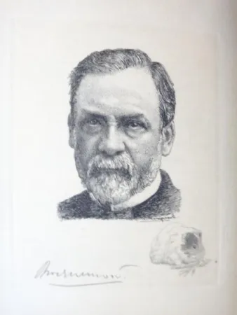 Gravura Bracquemond - Pasteur et les pastoriens.  Avec un portrait à l'eau-forte par Bracquemond