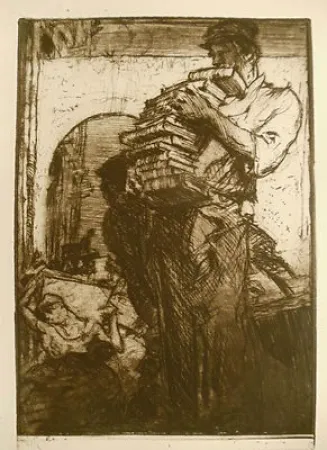 Gravura Brangwyn - Man Carrying a Pile of Books
