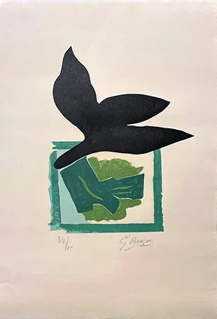 Xilogravura Braque - Oiseau noir sur fond vert