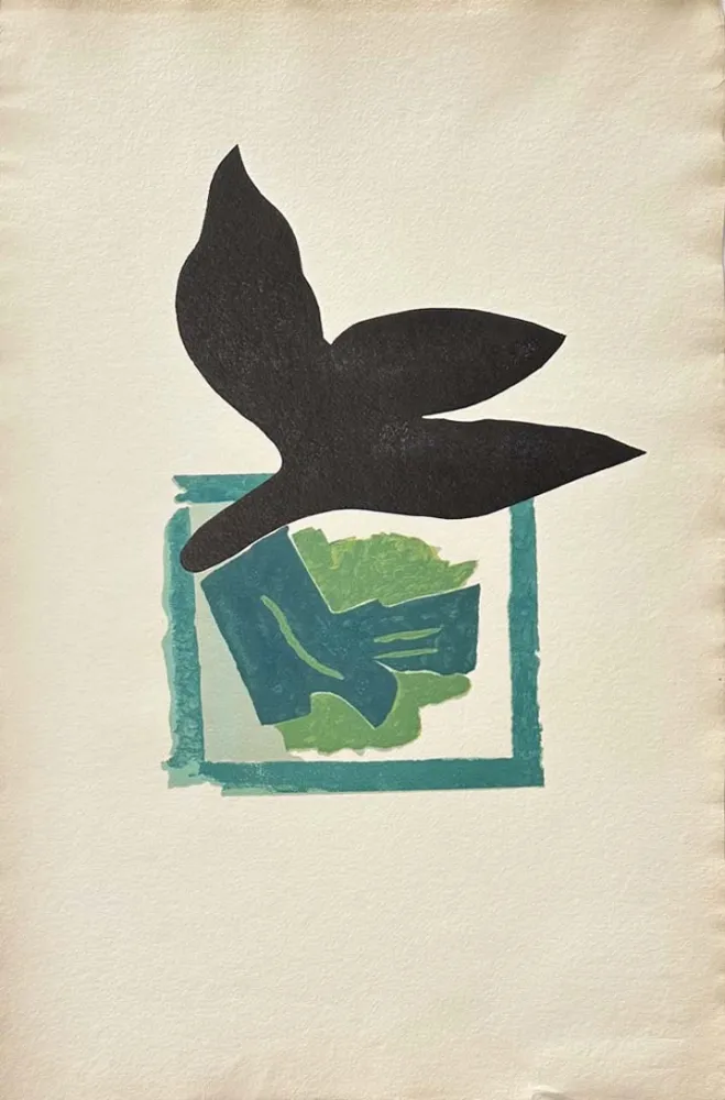 Xilogravura Braque - Oiseau noir sur fond vert