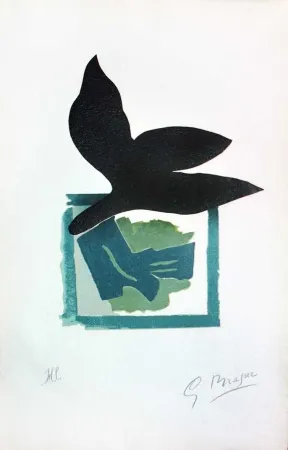 Xilogravura Braque - Oiseau noir sur fond vert