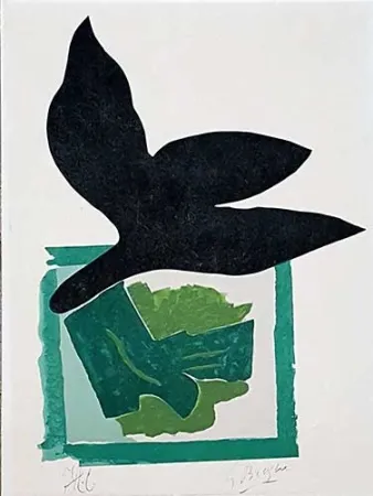 Xilogravura Braque - Oiseau noir sur fond vert