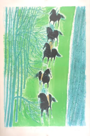 Litografia Brasilier - Cavalcade au Bord du Cher - Cavalcade on the side of the Cher