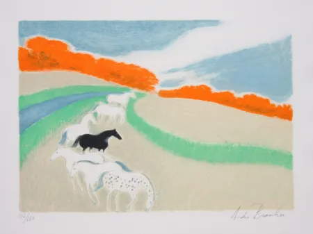 Litografia Brasilier - Chevaux Dans Le Pre