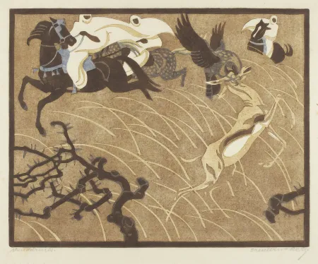 Linogravura Bresslern-Roth - Die Gazellenjagd (The Gazelle Hunt)