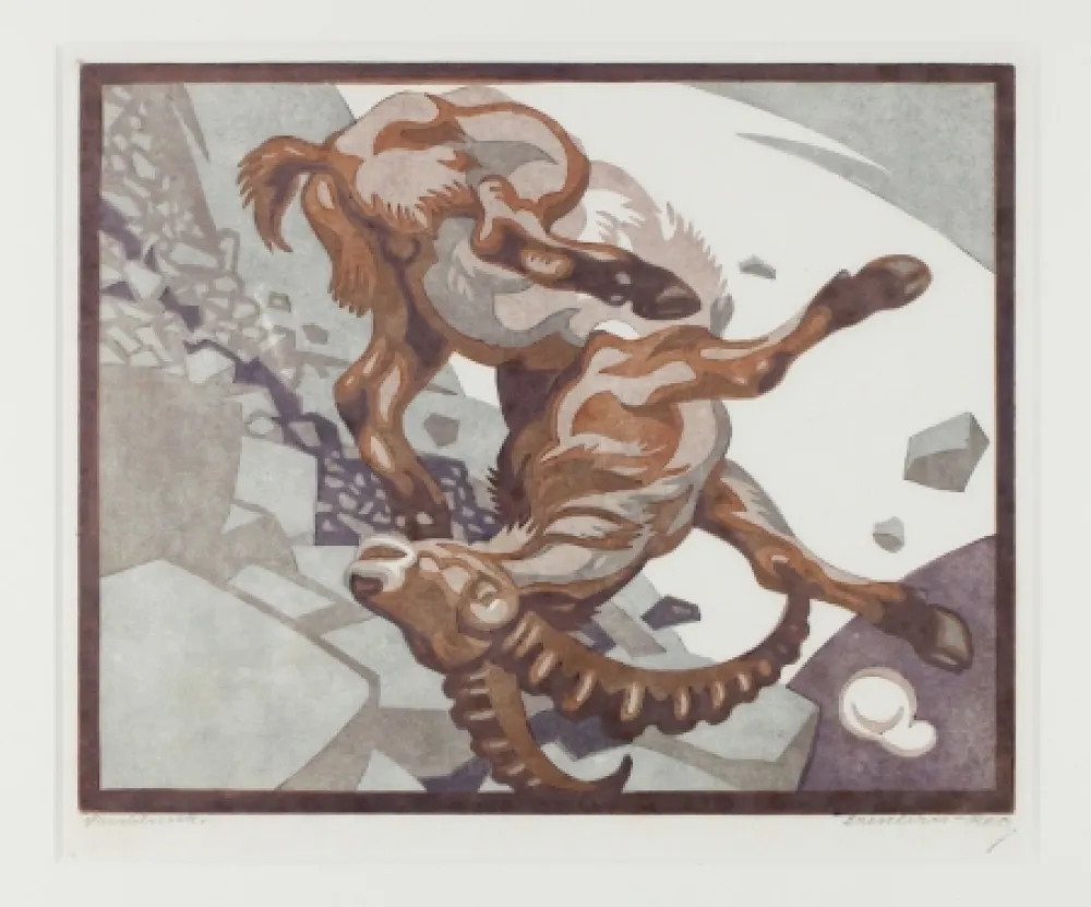 Linogravura Bresslern-Roth - Stürzender Steinbock (Falling Ibex)