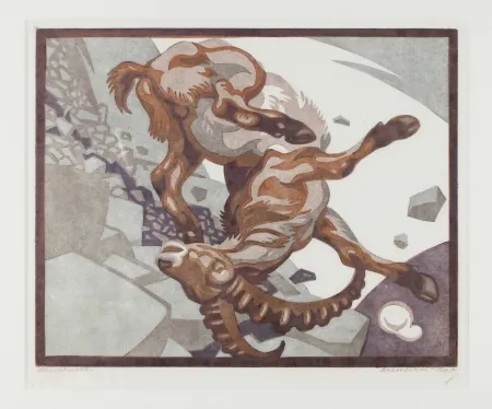 Linogravura Bresslern-Roth - Stürzender Steinbock (Falling Ibex)