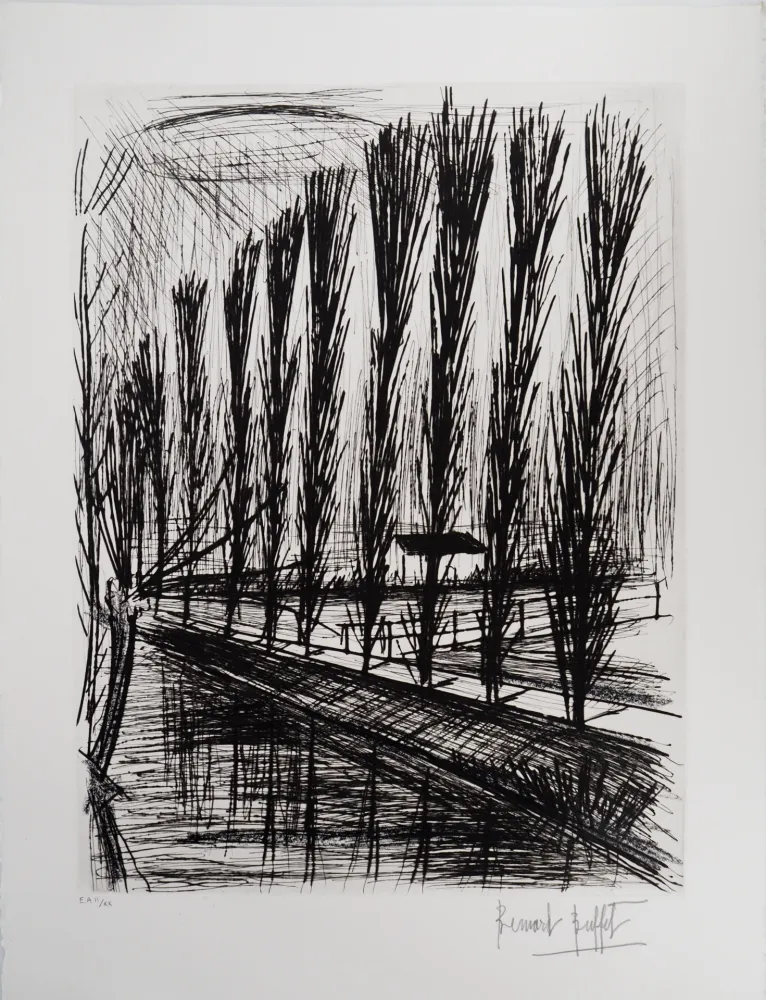 Gravura Buffet - Peupliers au bord du canal