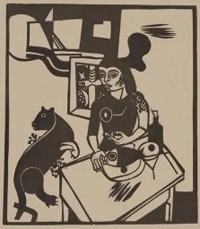 Xilogravura Campendonk - Am Tisch sitzende Frau mit Katze und Fisch / Woman Sitting at Table with Cat and FIsh