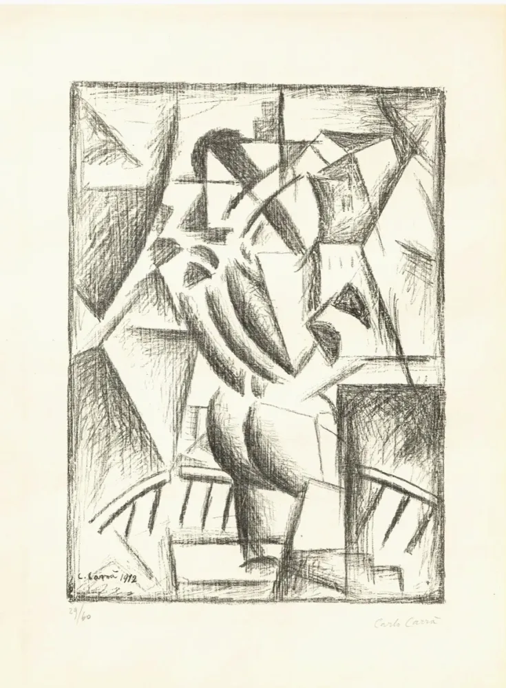 Litografia Carra - Donna al balcone (Simultaneità)