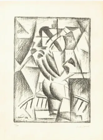 Litografia Carra - Donna al balcone (Simultaneità)