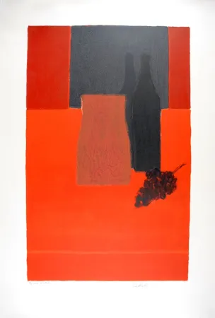 Litografia Cathelin - Nature morte à la nappe rouge et à la grappe de raisin - Still Life with bunch of grapes on a red tablecloth