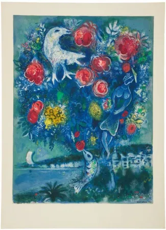 Litografia Chagall - La baie des Anges au bouquet de roses (Angel Bay with a Boquet of Roses)
