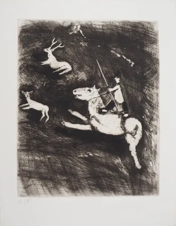 Gravura Chagall - La chevauchée (Le cheval s'étant voulu venger du cerf)