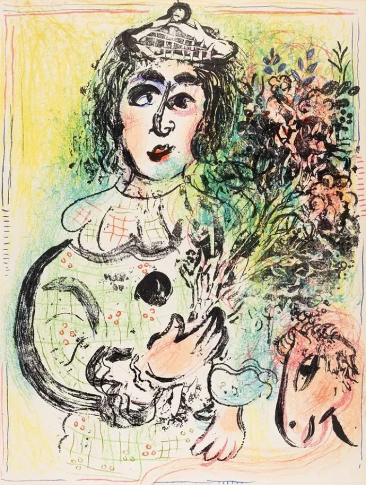 Litografia Chagall - Le clown fleuri 