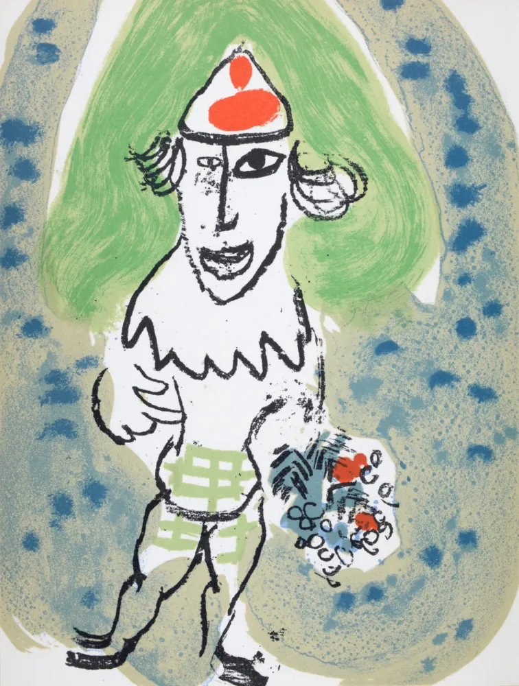 Litografia Chagall - Le clown vert avec bouquet de fleurs, 1966