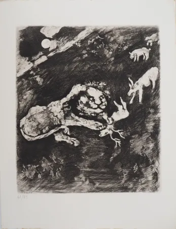 Gravura Chagall - Le lion fourbe (La Génisse, la Chèvre, et la Brebis, en société avec le Lion)