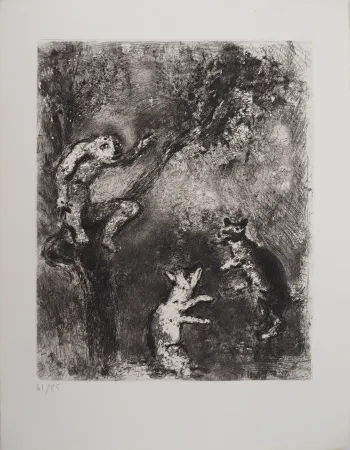 Gravura Chagall - Le loup, le renard et le singe (Le Loup plaidant contre le Renard devant le Singe)