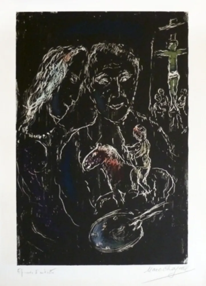Litografia Chagall - Le peintre sur fond noir