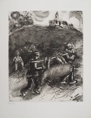 Gravura Chagall - Retour au village (Le meunier, son fils et l'âne)