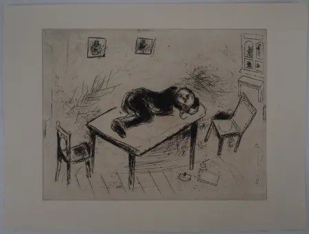 Gravura Chagall - Une sieste spartiate, (Tchitchikov couchait au bureau)
