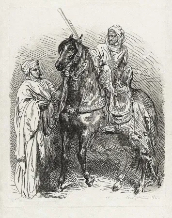 Gravura Chassériau - Arabe montant en selle / Cavalier arabe partant pour la guerre