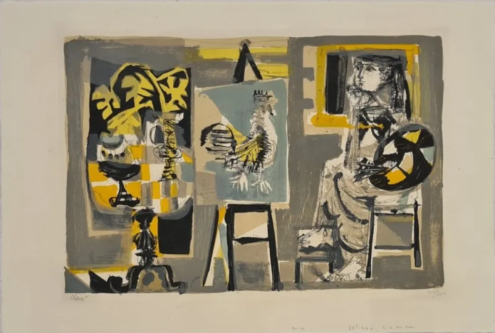 Litografia Clavé - La Femme-peintre au coq 