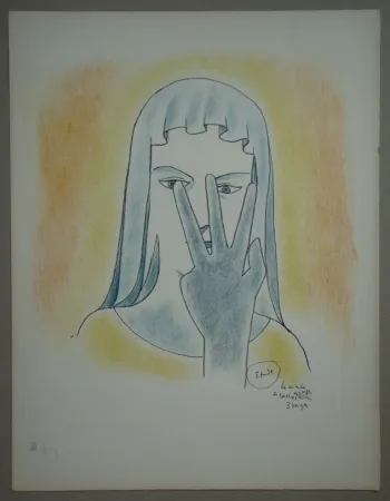 Litografia Cocteau - Etude - La vierge se cache le visage avec 3 doigts
