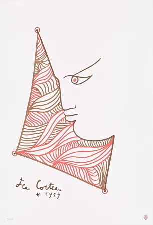 Litografia Cocteau - Profil brun et rouge 