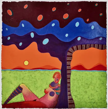 Sem Técnica Cora - Figura feminina recostada contra el arbol