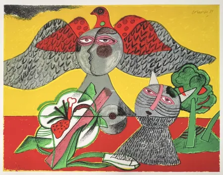 Gravura Digital Corneille - Chat, Fleur et Oiseau, 1984, Tirage à 45 ex.