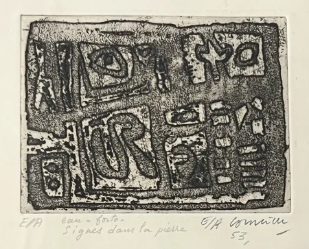 Água-Forte Corneille - Eau-forte encadrée en couleurs Signes dans la pierre, 1953. Epreuve d'artiste EA
