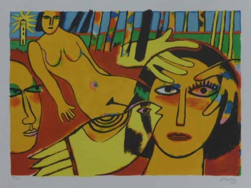 Litografia Corneille - Femme à l'oiseau