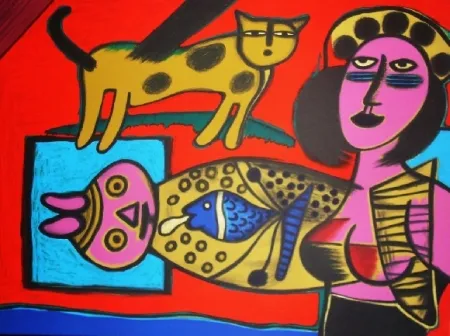 Litografia Corneille - Femme et chat