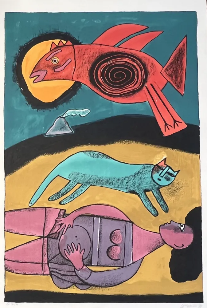 Litografia Corneille - Grande lithographie encadrée Grand Oiseau du désert 1999