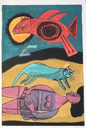 Litografia Corneille - Grande lithographie encadrée Grand Oiseau du désert 1999