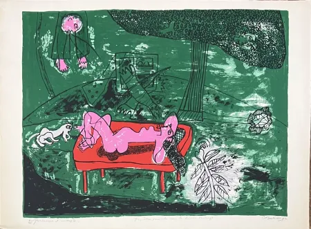 Litografia Corneille - Lithographie ancienne Fenêtre ouverte sur le divan rouge,