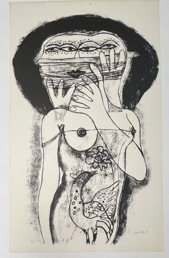 Sem Técnica Corneille -  Lithographie ancienne La femme aux trois viages, 1980
