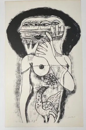 Sem Técnica Corneille -  Lithographie ancienne La femme aux trois viages, 1980