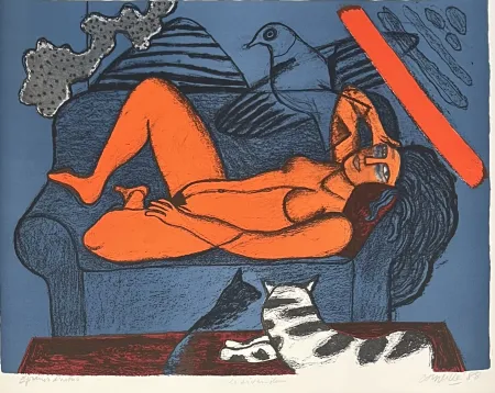 Litografia Corneille - Lithographie ancienne Le divan bleu 1988